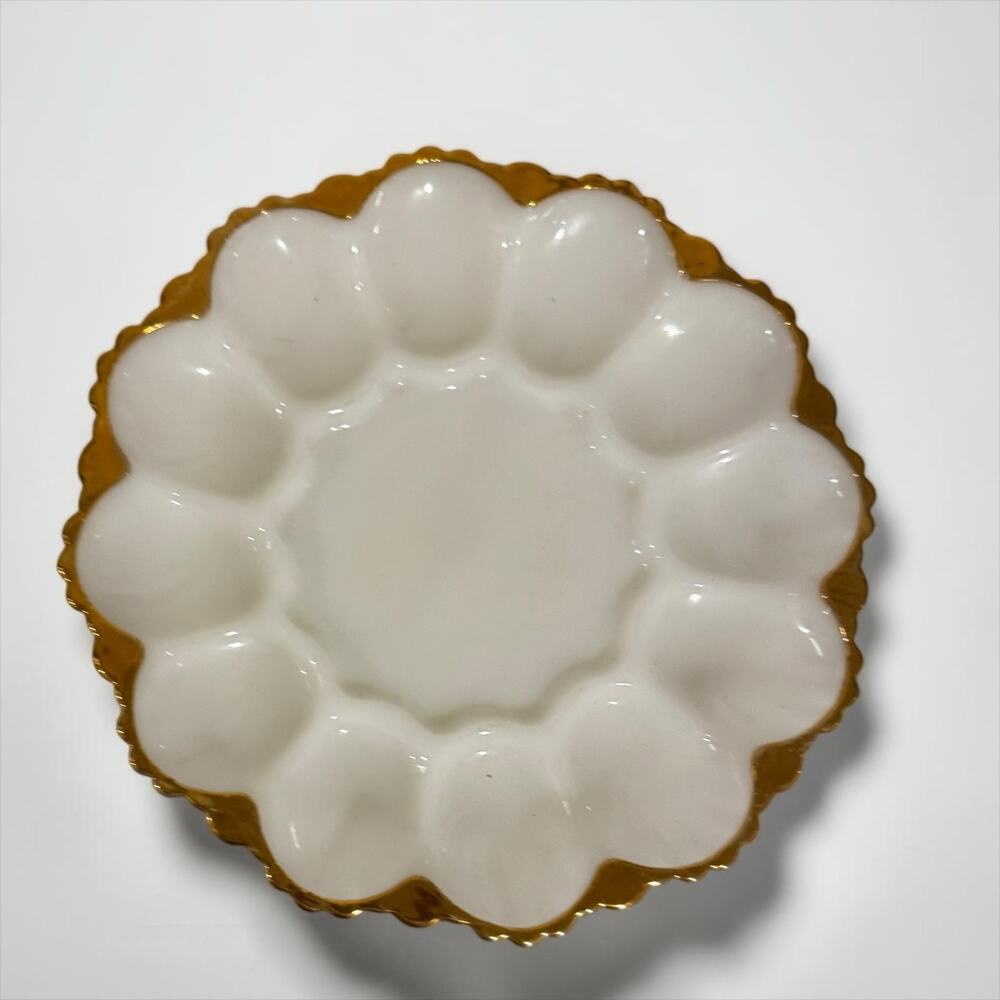 Vintage Anchor Hocking Fire-King Milk Glass Deviled Egg Plate Gold Trim Oval 12”